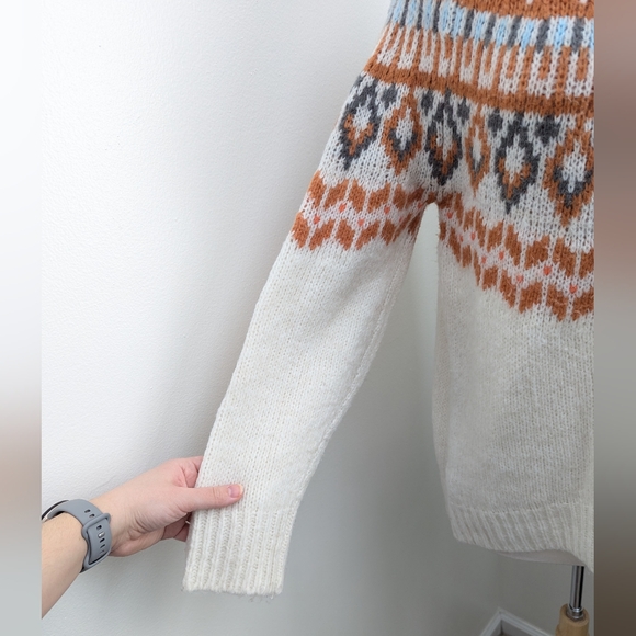 Aerie Fair Isle Mock Neck Oversized Chunky Knit Sweater Cream Rust Small - Picture 6 of 10